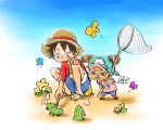  2boys antlers blue_shorts bug butterfly butterfly_net caterpillar chaa_(aoichar522_) flower hand_net hat holding holding_butterfly_net holding_stick horns looking_down male_focus monkey_d._luffy multiple_boys one_piece pink_shirt puff_of_air red_shirt reindeer_antlers sash scar scar_on_chest shirt shorts sky squatting stick straw_hat tony_tony_chopper yellow_sash 