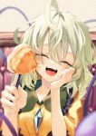  1girl calpis118 closed_eyes fork green_hair highres incoming_food jacket komeiji_koishi open_mouth pov short_hair smile solo touhou yellow_jacket 