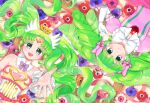  2girls :d bare_shoulders bow colored_eyelashes commentary_request crown detached_collar detached_sleeves dress dual_persona elbow_gloves falulu falulu_(awakened) floral_background flower forehead_jewel from_above gloves green_hair grey_eyes headphones idol_clothes jinno_(jin_c_kkry) long_hair looking_at_viewer lying multiple_girls on_back open_mouth parted_bangs picture_frame pink_bow pink_dress pink_flower poppy_(flower) power_symbol pretty_series pripara purple_flower reaching reaching_towards_viewer red_flower rotational_symmetry sidelocks smile tiara twintails upside-down very_long_hair white_gloves wing_hair_ornament 