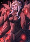  1girl absurdres artist_name black_sclera breasts colored_sclera edelgard_von_hresvelg edelgard_von_hresvelg_(hegemon_husk) english_commentary evomanaphy eyelashes fire_emblem fire_emblem:_three_houses highres horns large_breasts monster_girl red_eyes sharp_teeth smile solo spoilers teeth twitter_username white_hair wings 