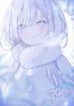  1girl absurdres blue_cloak blurry blurry_foreground branch breath cloak earmuffs fur_collar grey_background grey_eyes hair_over_eyes highres long_hair no_pupils open_mouth original outdoors pom_pom_(clothes) shiolatte snowing solo upper_body white_hair 
