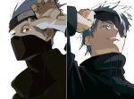  2boys black_jacket blue_eyes company_connection crossover facial_mark forehead_protector gojou_satoru grey_hair hatake_kakashi heterochromia highres jacket jujutsu_kaisen konohagakure_symbol long_sleeves looking_at_viewer male_focus mask mouth_mask multiple_boys naruto_(series) neck_warmer pichan_(pin2zi) red_eyes sharingan short_hair simple_background smile smirk spiked_hair trait_connection upper_body white_background white_hair 