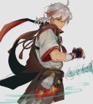  1boy bandaged_arm bandaged_hand bandages brown_pants brown_scarf buri_(doodlegnsn) from_side genshin_impact grey_background grey_hair grey_shirt kaedehara_kazuha katana leaf male_focus maple_leaf multicolored_hair pants red_eyes red_hair scarf shirt solo spinning streaked_hair sword weapon wind 