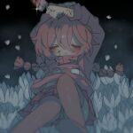  1girl barefoot blood blood_on_face blood_on_knife blurry blurry_foreground braid brown_hair candyseru closed_eyes feet field flower flower_field hair_between_eyes highres holding holding_knife knife leaf light_blush long_hair lying madotsuki navel pink_skirt pink_sweater pleated_skirt print_sweater self-harm_scar sidelocks skirt solo sparkle sweater twin_braids white_flower yume_nikki 