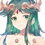  1girl collarbone diadem forehead_jewel green_eyes green_hair kid_icarus kid_icarus_uprising looking_at_viewer palutena simple_background smile solo upper_body white_background yasaikakiage 