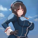  1girl ascot beret black_gloves black_hair blue_headwear blue_sky blush breasts cloud cloudy_sky day gloves hagureyouma hat highres kantai_collection large_breasts looking_at_viewer military_uniform outdoors red_eyes short_hair sky smile solo takao_(kancolle) uniform upper_body 