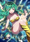  1girl :&gt; ahase_hino animal_print bikini blush boots breasts commentary_request demon_girl fangs green_hair highres horns knee_boots lightning looking_at_viewer lum medium_breasts oni oni_horns pointy_ears smile solo strapless strapless_bikini swimsuit thighs tiger_print tiger_stripes urusei_yatsura yellow_bikini yellow_eyes 