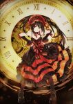  1girl acedia_chow bare_shoulders black_hair boots breasts cleavage clock clock_eyes date_a_live detached_sleeves dress gears gothic_lolita hairband hands_on_own_hips heterochromia highres lolita_fashion lolita_hairband long_hair looking_at_viewer medium_breasts raizen_high_school_uniform red_eyes ribbon roman_numeral school_uniform smile solo symbol-shaped_pupils tokisaki_kurumi twintails uneven_twintails variant_set yellow_eyes 