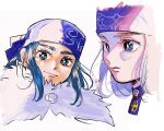  1girl ainu asirpa blue_eyes blue_hair cloak close-up commentary_request dctroo_08 earrings fur_cloak golden_kamuy headband highres hoop_earrings jewelry long_hair looking_at_viewer multiple_views profile sidelocks simple_background smile solo white_background white_cloak 
