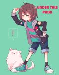  ! 1other androgynous ankle_socks annoying_dog antenna_hair aqua_background black_jacket black_sleeves black_socks blue_footwear blue_shirt blue_shorts bone_print brown_hair character_name closed_eyes copyright_name cross-laced_footwear denim denim_shorts dog floral_print flowey_(undertale) frisk_(undertale) frisk_underale full_body grey_hood grey_jacket hand_on_own_head hood hood_down hooded_jacket jacket leaning_forward light_blush long_sleeves medium_hair open_clothes open_jacket other_focus parted_lips pocket shirt shoes shorts simple_background sneakers socks sparkle spoken_exclamation_mark striped_clothes striped_shirt turtleneck_shirt two-sided_fabric two-sided_jacket undertale white_dog zipper zipper_pull_tab 