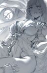  1boy 1girl absurdres backlighting beret breasts gauntlets gran_(granblue_fantasy) granblue_fantasy greyscale hat hews highleg highleg_leotard highres lap_pillow large_breasts leotard long_hair long_sleeves monochrome open_mouth raziel_(granblue_fantasy) short_hair sitting solo_focus thighs 