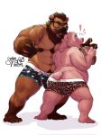 anthro bear body_hair bulge chest_hair clothing duo eyewear furry-specific_brand glasses glasses_on_face grizzlyear_(grizzlyear34) hi_res kotaro_(tarone_workshop) looking_back male mammal musclegut muscular muscular_male pubes rudderbutts scared skrawl underwear