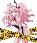 1girl animal_ears bare_shoulders blonde_hair bow bowtie breasts caution closed_mouth clothing_cutout danganronpa:_trigger_happy_havoc danganronpa_(series) detached_sleeves enoshima_junko fake_animal_ears fake_tail groin hand_up highres hy_(fjvlg) large_breasts leaning_forward navel_cutout official_alternate_costume playboy_bunny rabbit_ears rabbit_tail red_bow red_bowtie red_nails solo tail twintails 