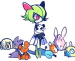  bad_id bad_tumblr_id banette colored_skin dedenne dunsparce green_hair hachibani holding holding_stuffed_toy kirlia multicolored_skin pancham pink_eyes pokemon pokemon_(creature) quagsire short_hair simple_background snorlax stuffed_toy teddiursa two-tone_skin white_background white_skin wigglytuff 