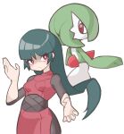  2girls absurdres black_bodysuit black_sash blunt_bangs bob_cut bodysuit bodysuit_under_clothes breasts colored_skin cropped_jacket flat_chest gardevoir green_hair green_skin highres hime_cut jacket long_hair multicolored_skin multiple_girls pantyhose pencil_skirt pokemon pokemon_(creature) pokemon_lgpe red_eyes sabrina_(pokemon) sash short_hair side_slit skirt sleeves_past_elbows suiran_(suiran2822) turtleneck turtleneck_jacket two-tone_skin upper_body white_skin 