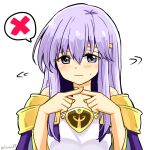  1girl circlet closed_mouth commentary_request dress fire_emblem fire_emblem:_genealogy_of_the_holy_war julia_(fire_emblem) long_hair looking_at_viewer purple_eyes purple_hair simple_background solo spoken_x x_fingers yukia_(firstaid0) 