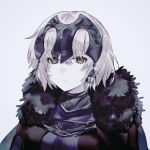  1girl armor black_cape cape closed_mouth expressionless fate/samurai_remnant fate_(series) fur-trimmed_cape fur_trim headpiece highres jeanne_d&#039;arc_alter_(fate) jeanne_d&#039;arc_alter_(lancer)_(fate) looking_at_viewer muted_color short_hair simple_background solo urushimaru0701 white_background white_hair yellow_eyes 