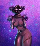 2024 absurd_res anthro belt big_butt breasts butt digital_media_(artwork) epic_games eye_scar facial_scar female fortnite fortnite:_battle_royale fur hi_res hood looking_at_viewer mammal neon nipples nude pink_eyes purple_body raven_team_leader scar scarlet_side shadow_face simple_background smile solo thick_thighs