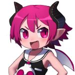  1girl blush demon_girl demon_horns demon_wings disgaea fang flat_chest horns looking_to_the_side open_mouth pink_eyes pink_hair pointy_ears raspberyl short_hair smile smug solo upper_body wings wuju_(1198979953) 