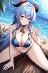  1girl alternate_costume alternate_eye_color armpit_crease bare_shoulders beach bell bikini bird blue_bikini blue_hair blush breasts ceris choker cleavage cowbell feet_out_of_frame ganyu_(genshin_impact) genshin_impact goat_horns horns large_breasts lens_flare long_hair looking_at_viewer midriff navel neck_bell ocean red_eyes red_horns sand seagull sitting spread_legs starfish stomach string_bikini swimsuit thick_thighs thighs tree v very_long_hair 