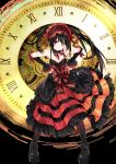  1girl acedia_chow bare_shoulders black_hair boots breasts cleavage clock clock_eyes date_a_live detached_sleeves dress gears gothic_lolita hairband hands_on_own_hips heterochromia highres lolita_fashion lolita_hairband long_hair looking_at_viewer medium_breasts raizen_high_school_uniform red_eyes ribbon roman_numeral school_uniform smile solo symbol-shaped_pupils tokisaki_kurumi twintails uneven_twintails variant_set yellow_eyes 