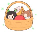  2girls :3 animal_ears banana biwa_hayahide_(umamusume) black_hair blue_eyes blush_stickers brown_hair chibi closed_mouth floral_background food fruit glasses gomashio_(goma_feet) hair_between_eyes hair_ornament hairclip hands_up horse_ears in_basket jitome multiple_girls narita_taishin_(umamusume) parted_bangs red-framed_eyewear semi-rimless_eyewear simple_background swept_bangs umamusume under-rim_eyewear white_background winning_ticket_(umamusume) |_| 