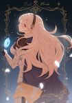  1girl armor black_hairband black_thighhighs blue_cape cape corrin_(fire_emblem) corrin_(fire_emblem)_(female) dragonstone english_text falling_petals fffera fire_emblem fire_emblem_fates floating floating_object gradient gradient_background grey_hair hairband highres long_hair looking_at_viewer looking_back night night_sky petals pointy_ears red_eyes sky solo star_(sky) starry_sky stone thighhighs 