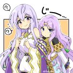  2girls ? bare_shoulders blue_eyes breasts circlet dress fire_emblem fire_emblem:_genealogy_of_the_holy_war fire_emblem:_thracia_776 julia_(fire_emblem) long_hair multiple_girls nervous_smile nervous_sweating purple_eyes purple_hair sara_(fire_emblem) sash simple_background small_sweatdrop smile spoken_question_mark sweat very_long_hair wide_sleeves yukia_(firstaid0) 