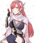  1girl absurdres bangs breasts cherche_(fire_emblem) cleavage fingerless_gloves fire_emblem fire_emblem_awakening fire_emblem_heroes floral_print gloves headband highres holding holding_sheath holding_sword holding_weapon kodachi lace_trim long_hair looking_at_viewer medium_breasts ninja official_alternate_costume parted_bangs peach11_01 petals red_eyes red_hair scarf sheath short_sword shuriken solo striped striped_thighhighs sword tassel thighhighs unsheathing vertical-striped_thighhighs vertical_stripes weapon wrist_guards 