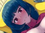  1girl blue_hair blunt_bangs blush boris_(noborhys) breasts colored_skin cropped_jacket dark_blue_hair hime_cut jacket large_breasts long_hair no_bra open_clothes open_jacket pokemon pokemon_(creature) pokemon_frlg raised_eyebrows red_eyes red_jacket sabrina_(pokemon) sweat sweatdrop turtleneck turtleneck_jacket yellow_skin 