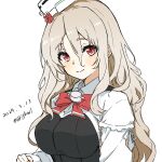  1girl absurdres bigkwl bodice bow bowtie breasts collared_shirt dated dress_shirt grey_hair hair_between_eyes hat highres kantai_collection large_breasts long_hair mini_hat one-hour_drawing_challenge pola_(kancolle) red_bow red_bowtie red_eyes shirt simple_background solo thick_eyebrows tilted_headwear twitter_username wavy_hair white_background white_shirt 