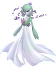  bob_cut colored_skin dress gardevoir green_hair gumilask hair_over_one_eye highres looking_at_viewer multicolored_skin pink_eyes pokemon pokemon_(creature) serious simple_background two-tone_skin white_background white_dress white_skin 