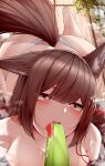  1girl absurdres amagi_(azur_lane) animal_ears azur_lane barefoot blush breasts cleavage commentary food fox_girl fox_tail heart heart-shaped_pupils highres ice_cream large_breasts licking open_mouth oral panties popsicle saliva samip sexually_suggestive soles solo_focus steam symbol-shaped_pupils tail toes tongue underwear 