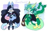 accessory anthro blue_body blue_eyes blue_hair cape clothing duo female generation_4_pokemon generation_5_pokemon green_body green_hair hair hi_res huckleberry_(lewdchuu) lewdchuu_(artist) lucario male nintendo pokemon pokemon_(species) pokemon_mystery_dungeon purple_eyes pyon_(lewdchuu) serperior