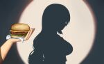  1girl breasts burger cheese commentary different_shadow food food_wrapper from_side highres holding holding_food hololive hololive_indonesia hololive_shadow_puppet_(meme) ketchup large_breasts lettuce long_hair meme moona_hoshinova pov pov_hands profile rem_moon shadow sidelocks silhouette solo_focus spotlight symbol-only_commentary upper_body very_long_hair virtual_youtuber 