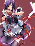  1girl akiba_maid_sensou animal_ears aona_(anagasaki) apron bangs black_thighhighs breasts commentary_request cowboy_shot diagonal_bangs heart highres ketchup ketchup_bottle maid maid_apron maid_headdress mannen_ranko medium_breasts open_mouth pig_ears puffy_short_sleeves puffy_sleeves purple_eyes purple_hair red_background short_hair short_sleeves simple_background solo thighhighs zettai_ryouiki 