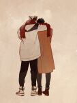  2boys akaashi_keiji arm_around_shoulder black_hair black_pants bokuto_koutarou brown_background brown_coat chengongzi123 coat commentary facing_away from_behind full_body grey_hair haikyuu!! highres jacket long_sleeves male_focus multicolored_hair multiple_boys pants red_scarf scarf shared_clothes shared_scarf shoes short_hair simple_background standing streaked_hair symbol-only_commentary very_short_hair yaoi 