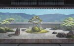  architecture bush choc0_(oda0208) cloud cobblestone courtyard day east_asian_architecture highres mountain no_humans original revision rock rock_garden scenery sky sliding_doors tile_roof tree wooden_floor wooden_wall 
