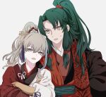  2boys archer_(fate/samurai_remnant) brown_eyes chinese_clothes crossed_arms fate/samurai_remnant fate_(series) green_hair grey_hair hair_ornament hair_stick highres long_hair long_sleeves looking_at_viewer looking_up male_focus medium_hair multicolored_hair multiple_boys open_mouth orange_eyes ponytail sidelocks simple_background streaked_hair suzuakks sweat tassel tassel_hair_ornament upper_body white_background zheng_chenggong_(fate) 