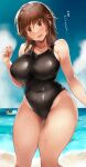 2girls amagami beach black_one-piece_swimsuit blush breasts brown_eyes brown_hair commentary_request competition_swimsuit curvy day highres large_breasts looking_at_viewer medium_hair multiple_girls nanasaki_ai one-piece_swimsuit open_mouth outdoors puru_(ex-150) revision sakurai_rihoko sky smile solo_focus swimsuit thighs translated wet 