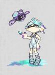  1girl agent_8_(splatoon) agent_8_(splatoon)_(cosplay) aqua_hair bodysuit boots callie_(splatoon) color_chip_(splatoon) commentary_request cosplay drone earrings eyelashes floating food food_on_head full_body glint grey_background grid_background hand_on_own_hip highres hoop_earrings inkling jewelry len_contact marie_(splatoon) mole mole_under_eye multicolored_hair non-humanoid_robot object_on_head pearl_drone_(splatoon) pearl_drone_(splatoon)_(cosplay) purple_hair robot short_hair simple_background sleeveless sleeveless_bodysuit socks splatoon_(series) splatoon_3 splatoon_3:_side_order standing sushi tentacle_hair thick_eyebrows two-tone_hair white_bodysuit white_footwear white_socks yellow_eyes 