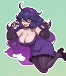  1girl :p @_@ absurdres ahoge alternate_breast_size breasts cleavage covered_navel dress hair_between_eyes hairband hex_maniac_(pokemon) highres large_breasts long_hair looking_at_viewer messy_hair open_mouth plump pokemon pokemon_xy purple_eyes purple_hair purple_hairband riz solo thick_thighs thighs tongue tongue_out very_long_hair 