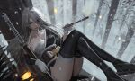  1girl a2_(nier:automata) alternate_costume bandages black_kimono black_thighhighs chest_sarashi commentary crossed_legs elbow_gloves gloves grey_hair hadanugi_dousa highres holding holding_smoking_pipe in_tree japanese_clothes kimono kiseru long_hair lying neo_(neorarty3) nier:automata nier_(series) on_back sandals sarashi single_bare_shoulder smoking_pipe snowing solo thighhighs thighs tree white_gloves 