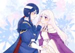  1boy 1girl absurdres blue_cloak blue_eyes blue_hair blush cloak dress fire_emblem fire_emblem:_genealogy_of_the_holy_war hand_on_another&#039;s_cheek hand_on_another&#039;s_face headband highres holding_hands implied_incest julia_(fire_emblem) long_hair looking_at_another matoke ponytail purple_cloak purple_eyes purple_hair sash seliph_(fire_emblem) simple_background smile white_headband white_sash wide_sleeves 