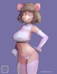 anthro big_breasts braces breasts brown_hair clothing evelia_(mellowhops) female fur gloves hair handwear hi_res humanoid mammal mellow_hops meme meme_clothing mostly_nude murid murine panties rat rodent smile solo tan_body tan_fur underwear white_clothing yellow_eyes