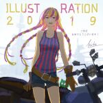  1girl 2019 belt black_shorts blonde_hair brown_belt brown_gloves cowboy_shot gloves hiko_(scape) illustration.media looking_at_viewer motor_vehicle motorcycle multicolored_hair open_mouth purple_eyes purple_hair shorts signature smile solo striped_tank_top tank_top two-tone_hair 