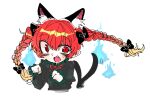  1girl animal_ear_fluff animal_ears bow braid cat_ears fang hair_bow kaenbyou_rin m24_chair multiple_tails open_mouth red_eyes red_hair solo tail touhou two_tails white_background 