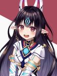  1girl :d aohoshi_non bandaged_arm bandages black_hair breasts brown_background commentary_request hair_intakes headgear highres kasandra_(xenoblade) long_hair looking_at_viewer medium_breasts pointy_ears red_eyes short_sleeves smile solo two-tone_background upper_body very_long_hair white_background xenoblade_chronicles_(series) xenoblade_chronicles_2 