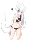  1girl ? @_@ absurdres ahoge animal_ear_fluff animal_ears bare_arms bare_legs bare_shoulders barefoot black_bra black_panties blue_eyes blush bra cat_cutout cat_ear_panties cat_lingerie cleavage_cutout closed_mouth clothing_cutout collarbone commentary english_commentary fox_ears fox_girl fox_tail frilled_bra frills full_body groin highres kneeling kuronagi_(mitora_uwu) long_hair looking_at_viewer meme_attire navel original panties paw_pose side-tie_panties solo tail tongue tongue_out underwear underwear_only very_long_hair white_hair 