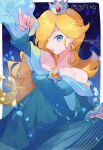  1girl absurdres aqua_dress bare_shoulders blonde_hair blue_eyes breasts brooch collarbone crown dress earrings hanaon highres holding holding_wand jewelry large_breasts long_hair mario_(series) mini_crown off-shoulder_dress off_shoulder solo star_(symbol) star_brooch star_earrings super_mario_galaxy upper_body wand 